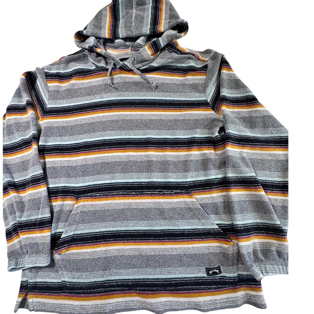 Billabong Mens Baja Terry Cloth Striped Hoodie Grey Blue Yellow Small